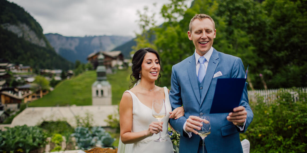 bride and groom in a wedding ceremony at the farmhouse in Morzine