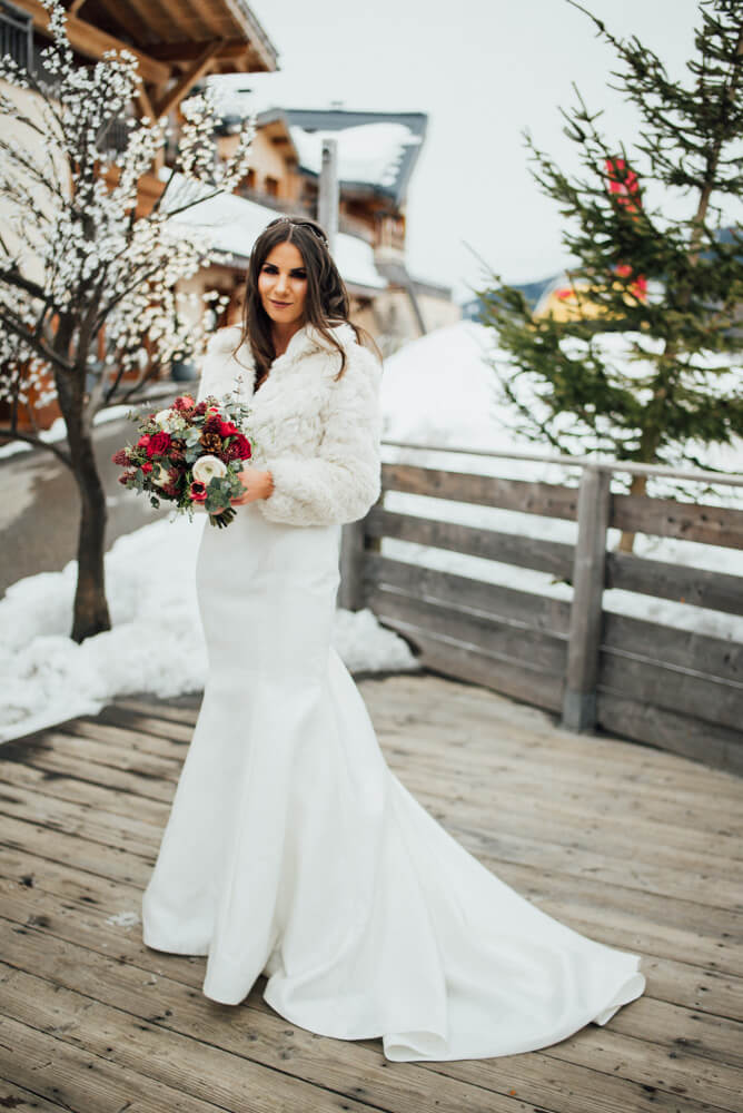 Snowy Winter Alpine Wedding Megeve Bride with a Fur Shawl