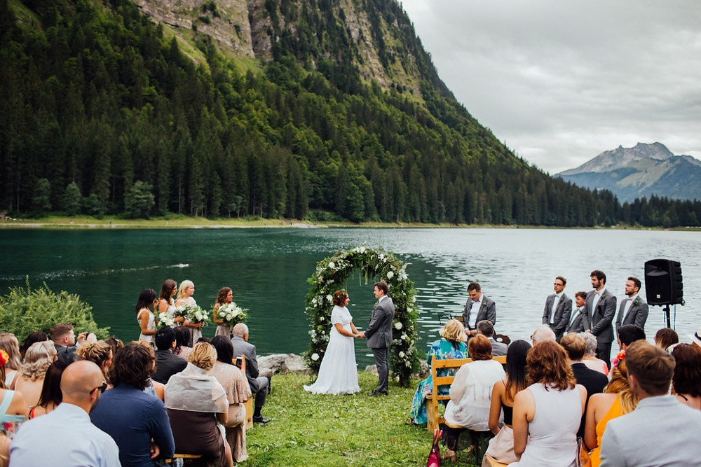 Wedding ceremony with a view of Lake Montriond