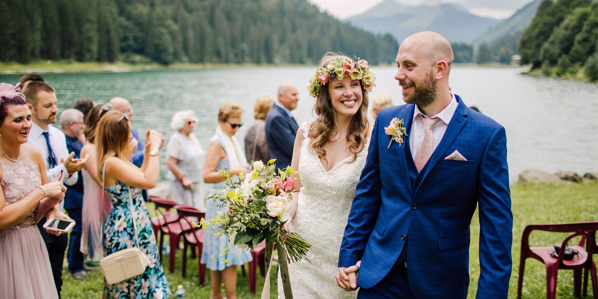 bride and groom getting married in lake montriond at morzine french alps