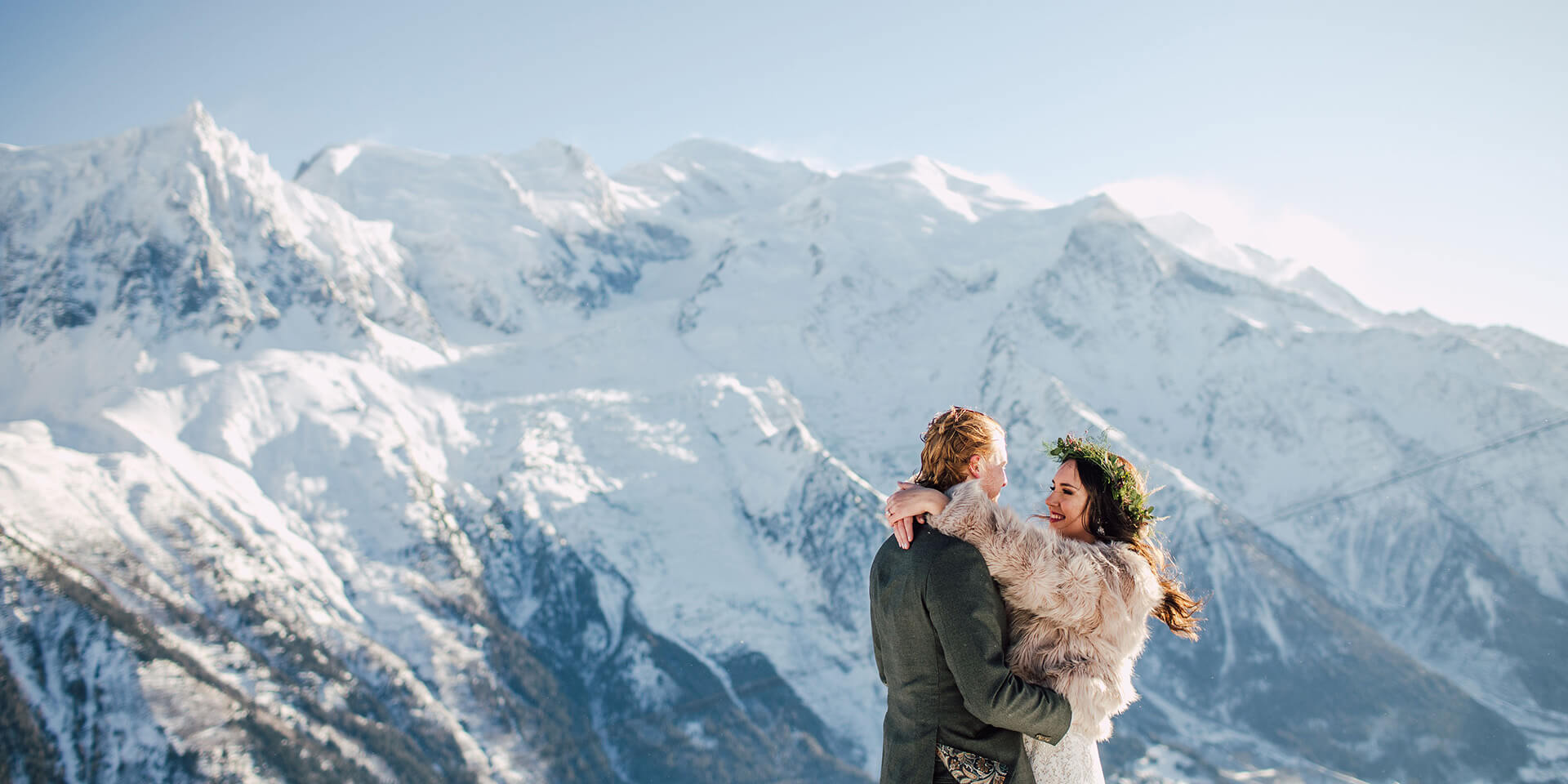 bride and groom having elopement on a mountain top in chamonix in front of the mont blanc