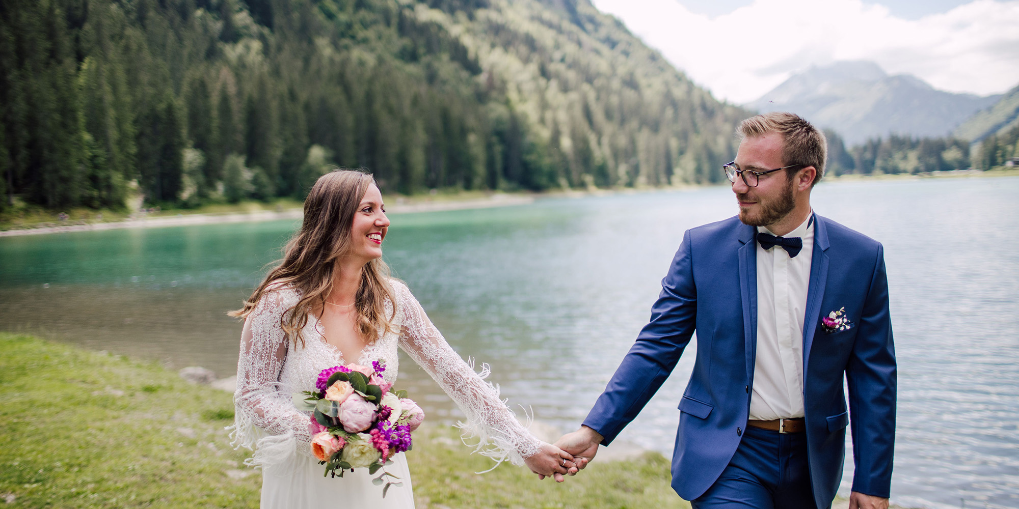 Boho Rustic Wedding couple at Lake Montriond, French Alps